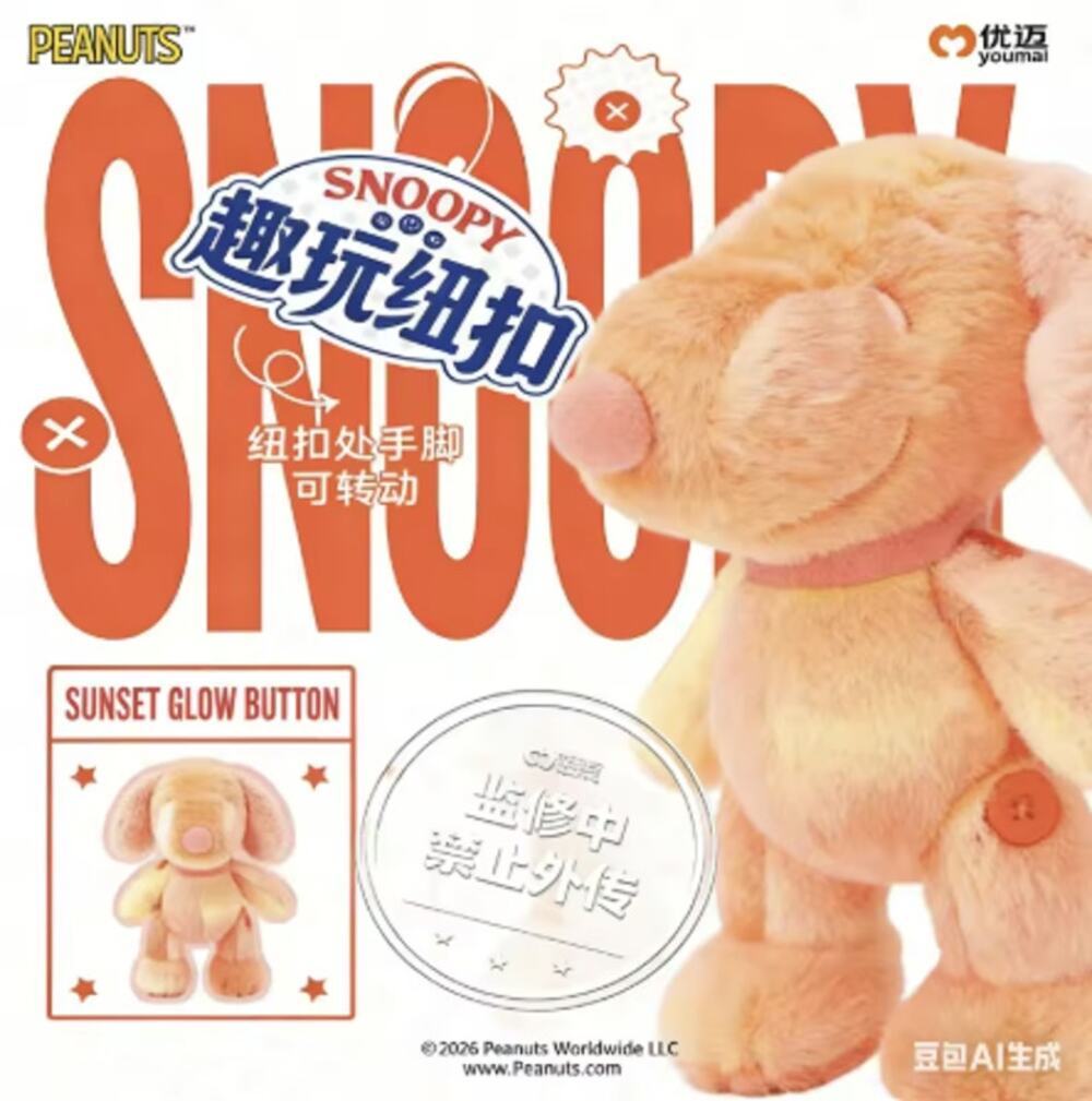 Peanuts x Youmai Fun Buttons Moveable Snoopy Plush Pendant, Sunset Glow, New